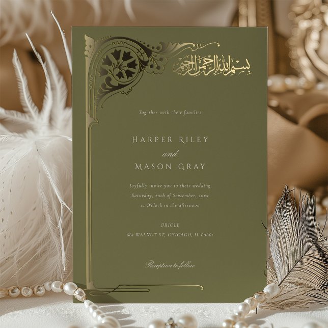 Invitation En Aluminium Olive Green Gold Mariage islamique (Créateur téléchargé)