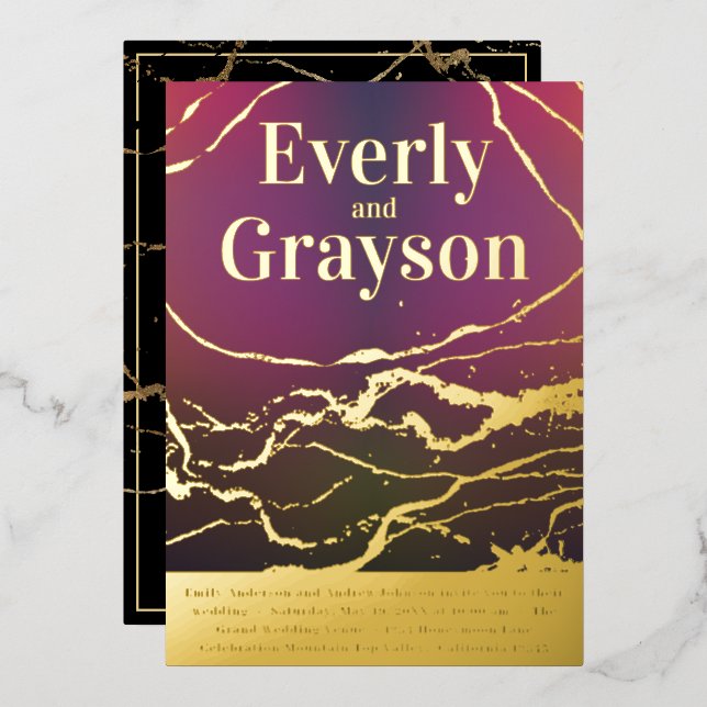 Invitation En Aluminium Ombre violet rouge marbre Veining Mariage or (Recto/Verso)