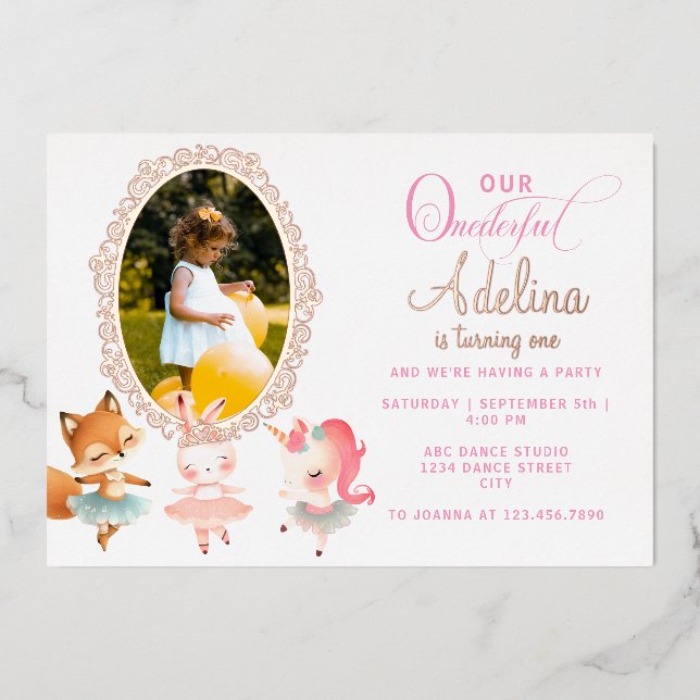 Invitation En Aluminium Onederder Cute Ballerina Animal 1er Anniversaire f (Recto)