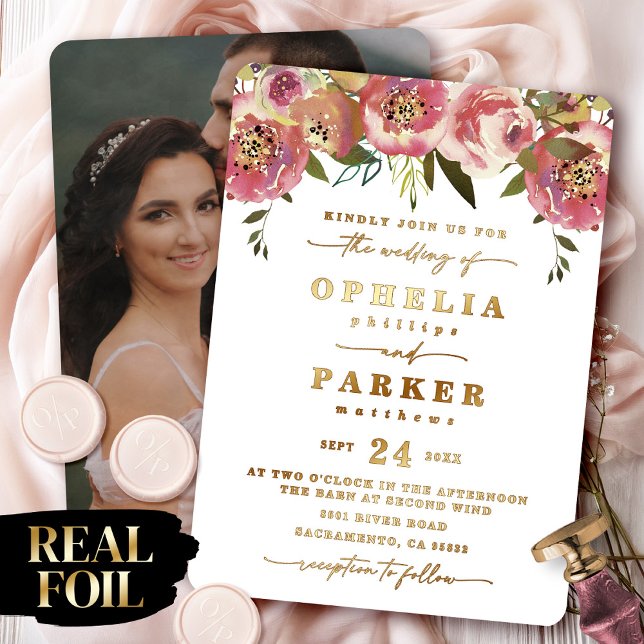 Invitation En Aluminium Ophelia Floral Fiançailles Photo Mariage Real Gold (Say "I DO" to Romantic Watercolor Florals and a Cottagecore Vibe with the Ophelia Wedding Suite.)