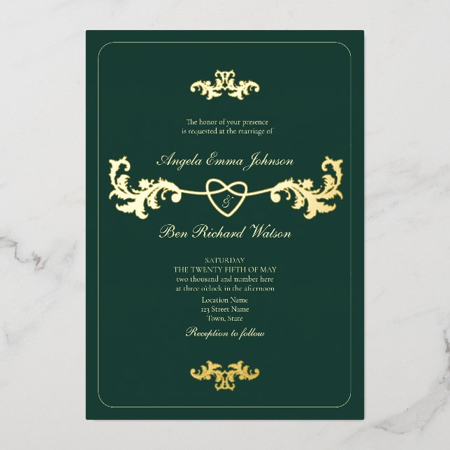 Invitation En Aluminium Or antique et vert émeraude (Recto)