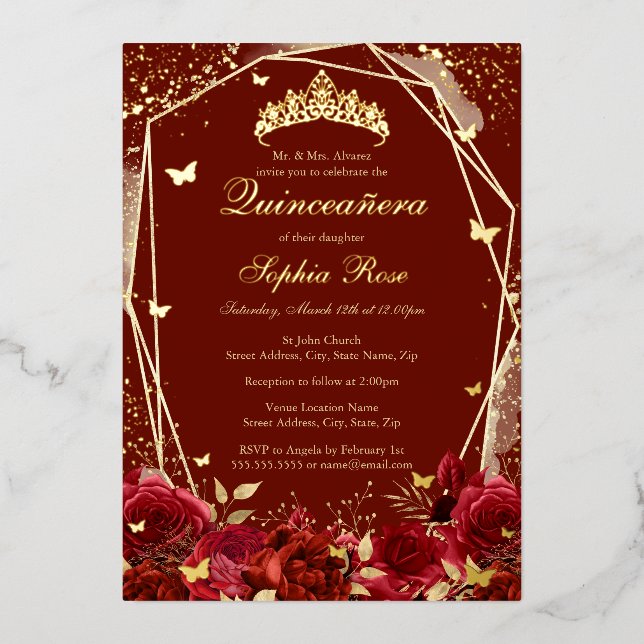 Invitation En Aluminium Or de fleurs Rouge Tiara Quinceanera (Recto)