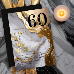 Invitation En Aluminium Or élégant   Marbre blanc Moderne 60 Anniversaire