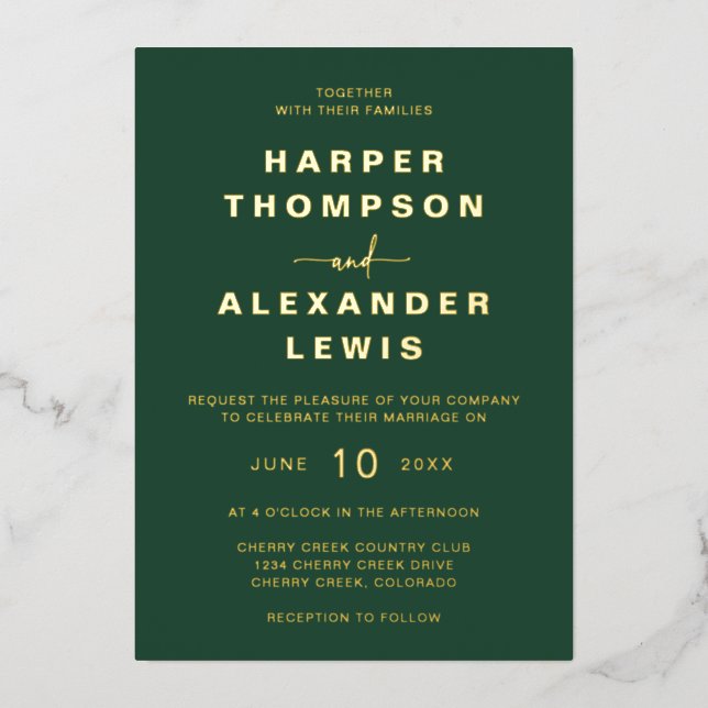 Invitation En Aluminium Or Mariage vert moderne (Recto)