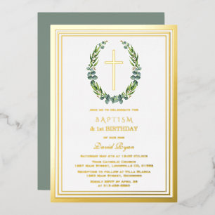 Invitation En Aluminium Or moderne Eucalyptus garçon 1er anniversaire Bapt