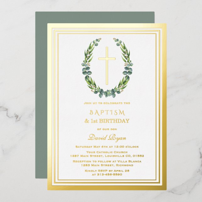 Invitation En Aluminium Or moderne Eucalyptus garçon 1er anniversaire Bapt (Recto/Verso)