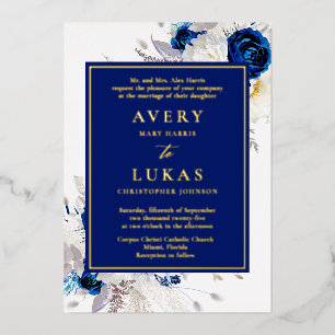 Invitation En Aluminium Or Moderne Fleurs Bleues et Blanches Mariage Feuil