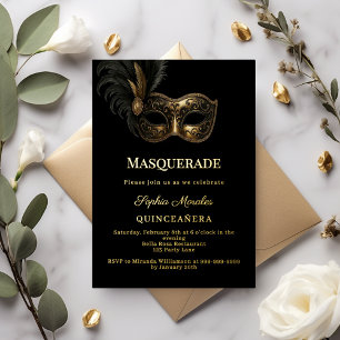 Invitation En Aluminium Or noir luxe Masquerade Quinceanera