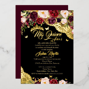 Invitation En Aluminium Or Quinceanera Fleurs Papillon Dentelle Bourgogne