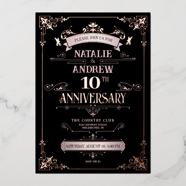 Invitation En Aluminium Or Rose et Noir Élégant (Recto)