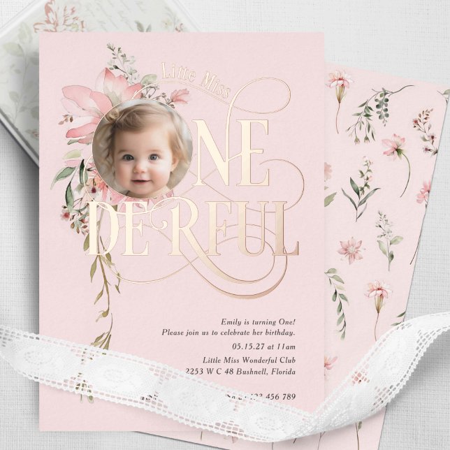 Invitation En Aluminium or rose Miss Onederful Girl 1er anniversaire photo (Pink, Rose Gold Foil, Little Miss Onederful, Baby Girl 1st birthday Wildflower invite.)