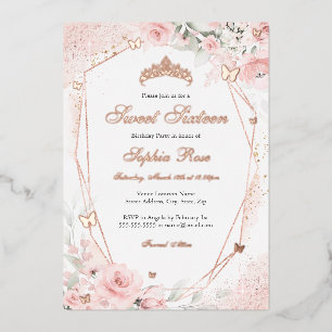 Invitation En Aluminium Or rose Pink Blush Butterfly Floral Sweet 16