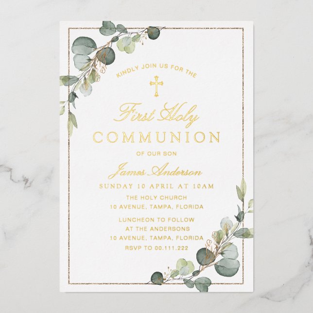 Invitation En Aluminium or vert première communion sainte (Recto)