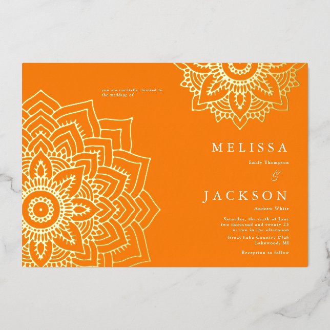 Invitation En Aluminium Orange Delicate or mandala Mariage (Recto)
