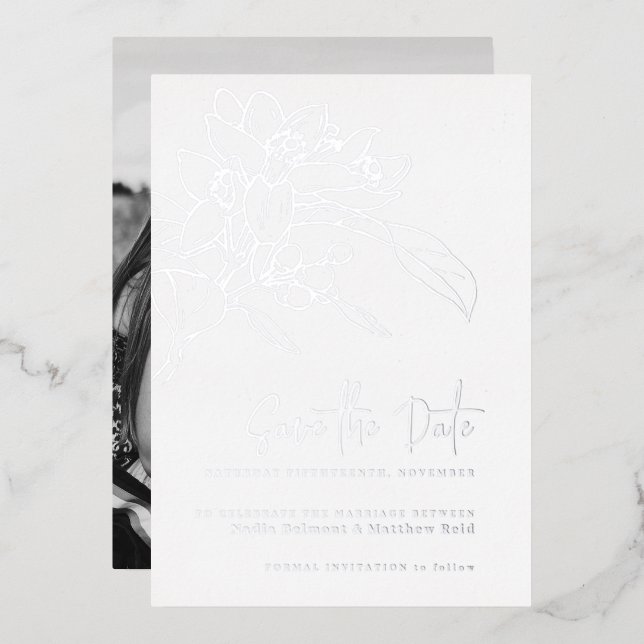 Invitation En Aluminium Orange fleur photo mariage enregistrer la date (Recto/Verso)