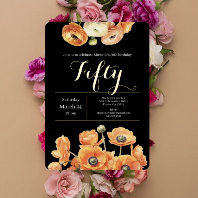 Invitation En Aluminium Orange Floral Elégant Black 50e Anniversaire (Créateur téléchargé)