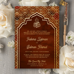 Invitation En Aluminium Orangé Rouille Mariage Musulman Arc Marocain Or