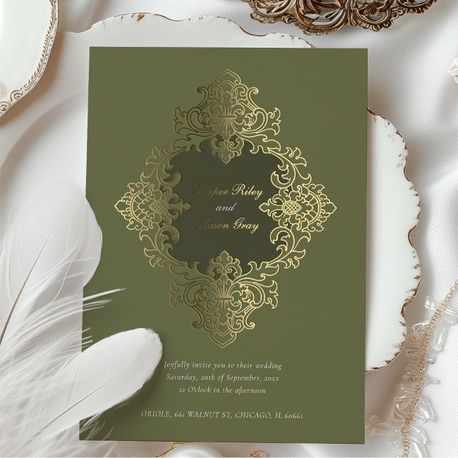 Invitation En Aluminium Ornement baroque à huile Mariage Olive Green (Créateur téléchargé)