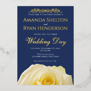 Invitation En Aluminium Ornement Rose élégant Marine Mariage bleu or