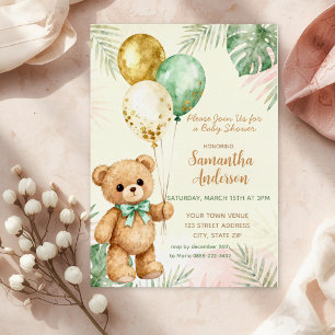 Invitation En Aluminium Ours en peluche Brun Sauge Verte Ballons Baby Show