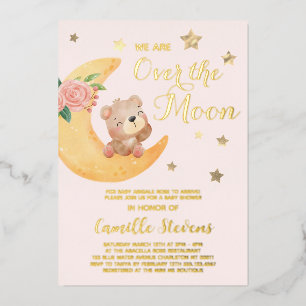 Invitation En Aluminium Ours en rose au-delà de la lune Baby Shower Fille