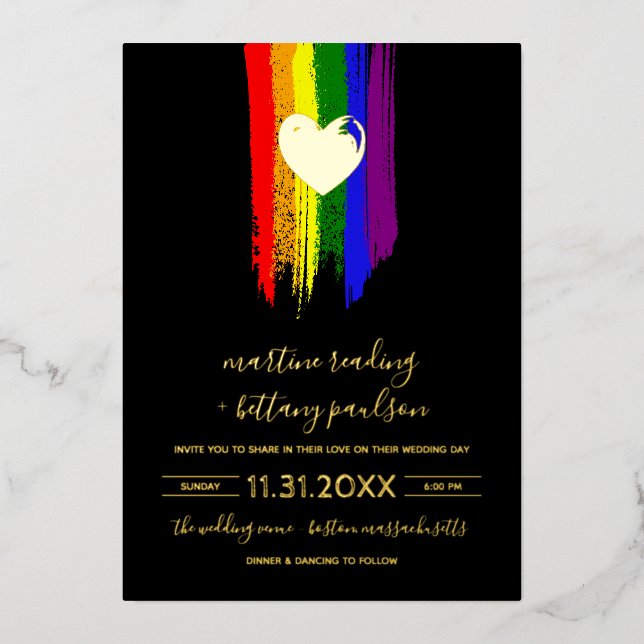 Invitation En Aluminium Paint Strokes Pride Drapeau & Gold Heart Mariage (Recto)