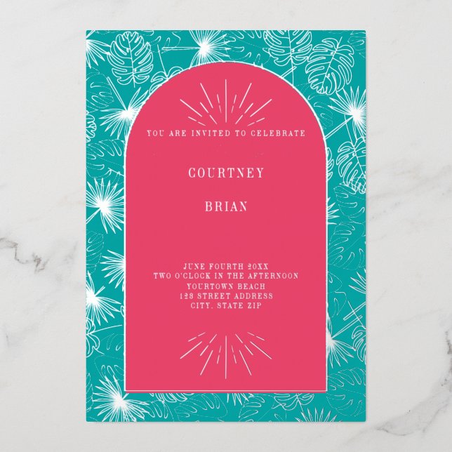 Invitation En Aluminium Palm Feuille rose + Blue Beach Wedding (Recto)