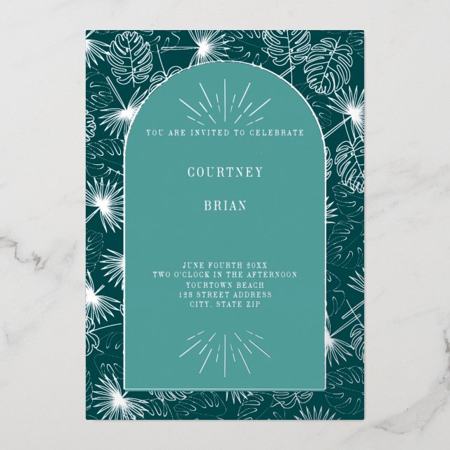 Invitation En Aluminium Palm Feuille Seashell Turquoise Tropical Beach Mar (Recto)