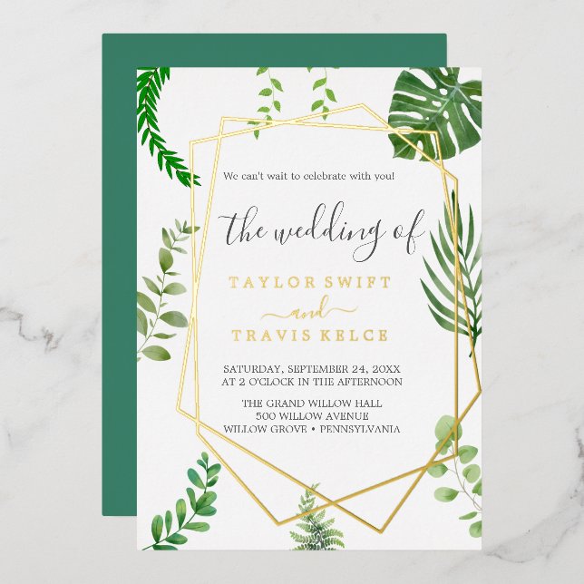 Invitation En Aluminium Palme tropicale sauvage | Mariage géométrique Gold (Recto/Verso)
