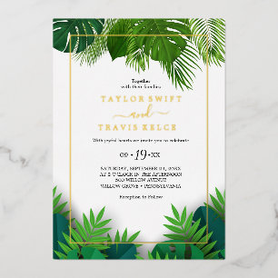 Invitation En Aluminium Palme tropicale sauvage   Mariage Hexagon Gold Foi