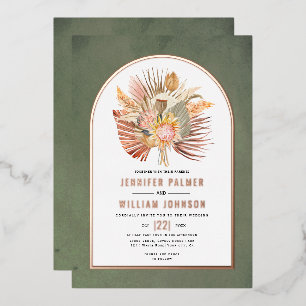 Invitation En Aluminium Palmiers séchés, pampas herbe vert mariage or rose