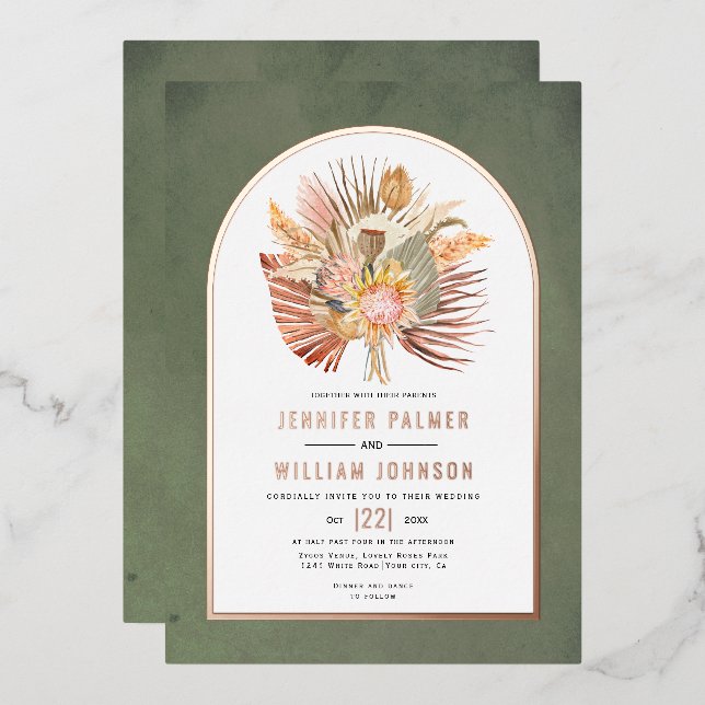 Invitation En Aluminium Palmiers séchés, pampas herbe vert mariage or rose (Recto/Verso)