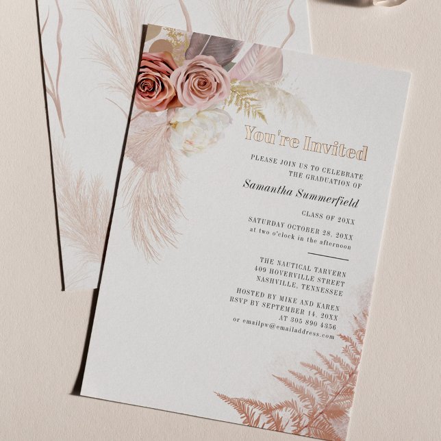 Invitation En Aluminium Pampas Grass Terracotta Graduation 2025 Rose Gold (Pampas Grass Floral Graduation 2024 Party Invitation)