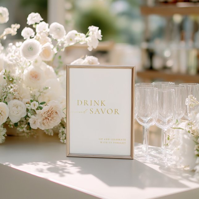 Invitation En Aluminium Panneau de la barre Mariage White & Gold Drink & S (White & Gold Drink & Savor Wedding Bar Sign Foil)