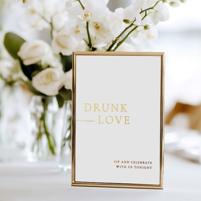 Invitation En Aluminium Panneau Mariage blanc & or trempé dans l'amour (White & Gold Drunk in Love Wedding Bar Sign Foil)