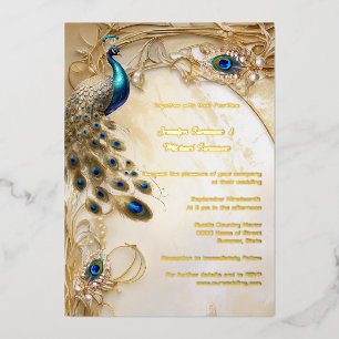 Invitation En Aluminium Paon véritable feuille métallique vintage plumes a