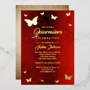 Invitation En Aluminium Papier d'or Papillon Rouge Quinceanera