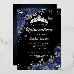Invitation En Aluminium Papillon Argent Floral Navy Quinceanera Noir