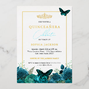 Invitation En Aluminium Papillon bleu élégant classique Photo Quinceanera 