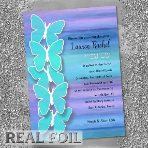 Invitation En Aluminium Papillon de Bat Mitzvah Turquoise Violet Aquarelle