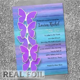 Invitation En Aluminium Papillon de Bat Mitzvah Turquoise Violet Aquarelle
