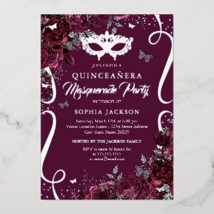 Invitation En Aluminium Papillon de Mascarade Bourgogne Argent Quinceanera