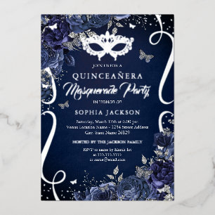 Invitation En Aluminium Papillon de Mascarade Navy Argent Quinceanera