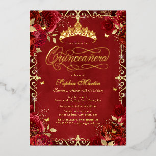 Invitation En Aluminium Papillon de rose d'or rouge royal pour Quinceanera