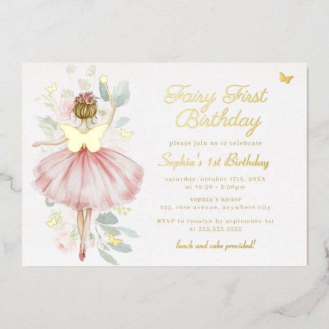 Invitation En Aluminium Papillon d'or Blush Fairy Premier 1er anniversaire (Recto)