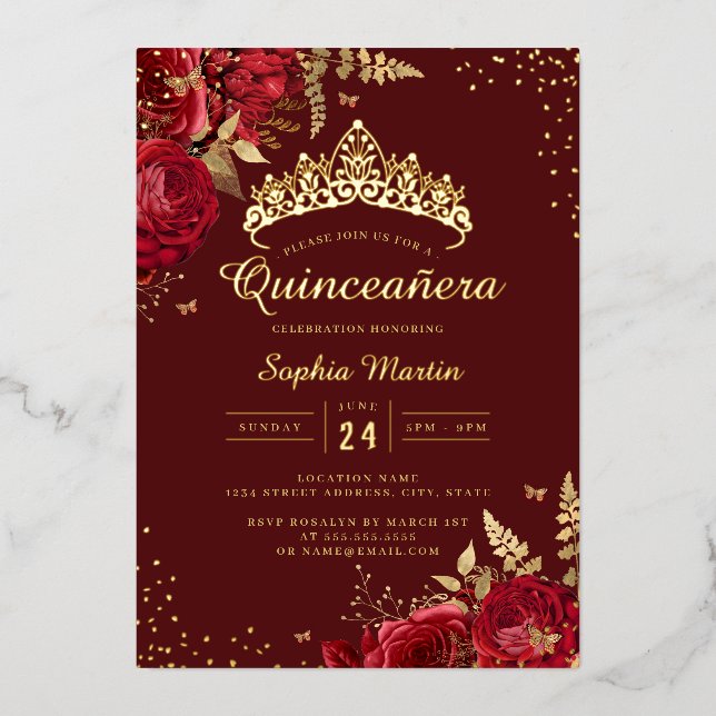 Invitation En Aluminium Papillon Doré Fleur Rouge Or Quinceanera  (Recto)