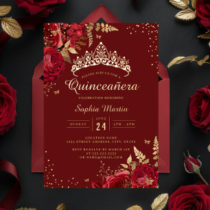 Invitation En Aluminium Papillon Doré Rose Florale Rouge Quinceanera