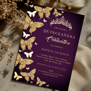 Invitation En Aluminium Papillon élégant prune or violet or Quinceanera