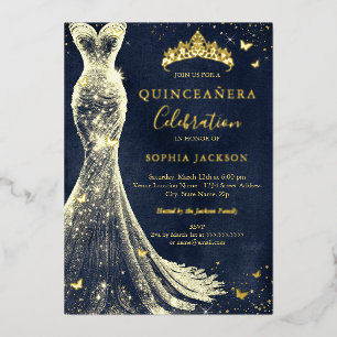 Invitation En Aluminium Papillon élégant vintage Navy Or Quinceanera