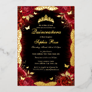 Invitation En Aluminium Papillon en dentelle d'or Rose Rouge Quinceanera A